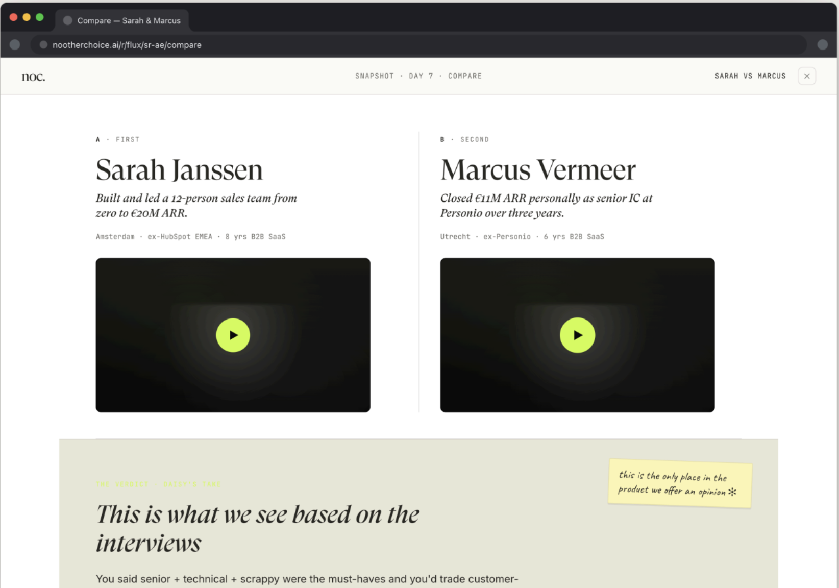 Compare view — Sarah Janssen vs. Marcus Vermeer