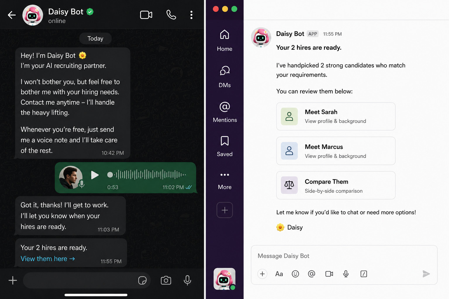 Daisy Bot on WhatsApp and Slack — async hiring partner