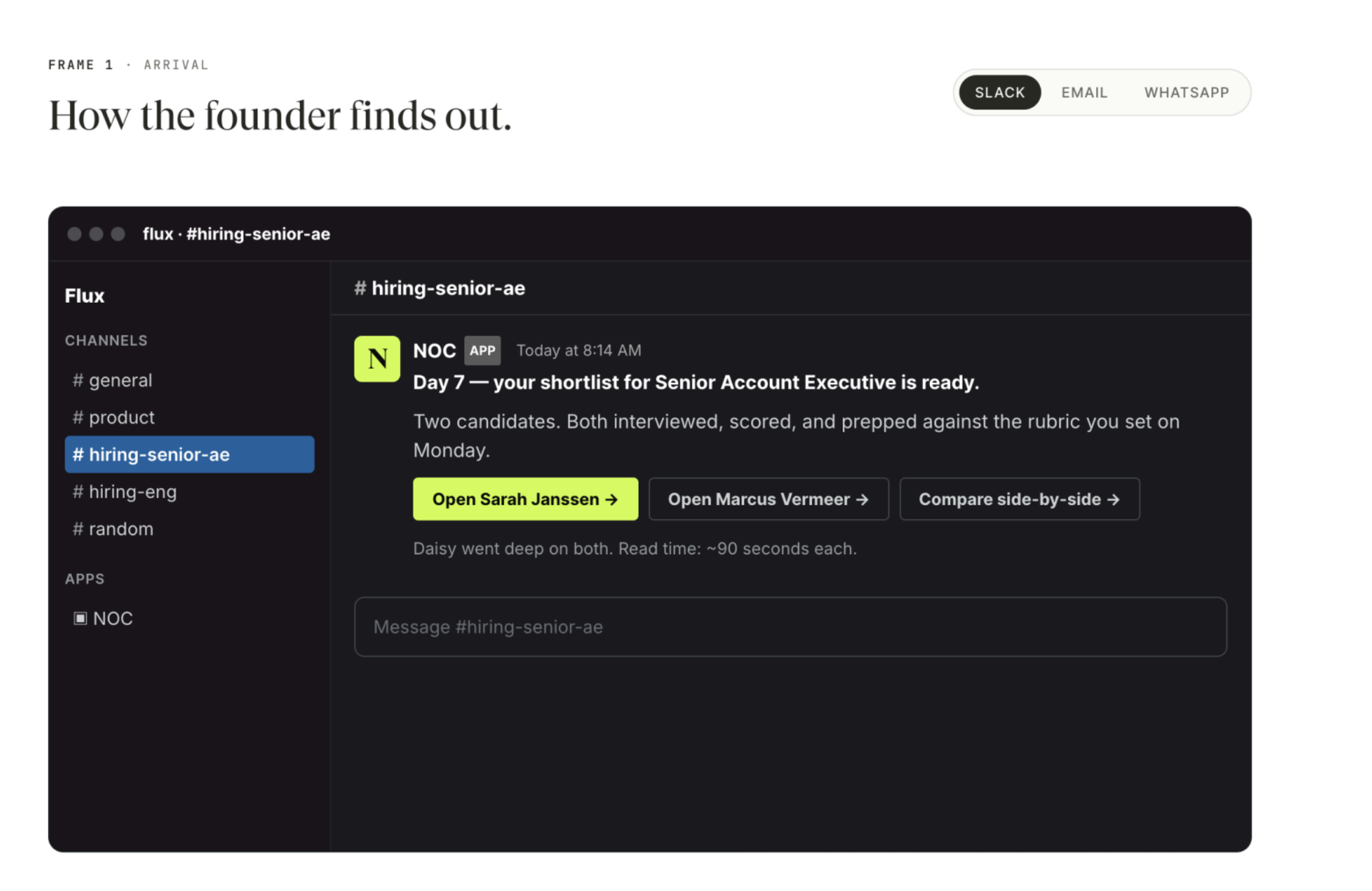 How the founder finds out — Slack notification from NOC with shortlist for Senior Account Executive